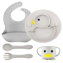 Cups Dishes Utensils 5Pcs/Set Baby Silicone Plate Non-Slip Feeding Tableware Sucker Bowl Sippy Cup Bibs Spoon Fork Sets for Baby-Led Weaning 240220