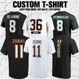 Camiseta personalizada Teemu Selanne Trevor Zegras Troy Terry John Gibson Frank Vatrano EUA Hockey Club Fãs de marca