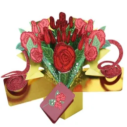 3D Rose Greeting Card 3D Pop -Up Glitter Rose Message Karta na Walentynki Creative Gift263L