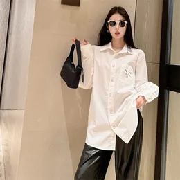 Women's shirt French high-end pure cotton lapel button top spring high-quality minimalist solid color letter embroidery clothes for daily leisure