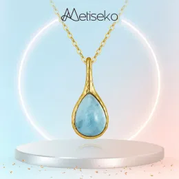 قلادة Metiseko Natural Aquamarine Stone 925 Sterling Silver Necklace Netclace Materlace Netlace Plated14k Gold Elegant for Women