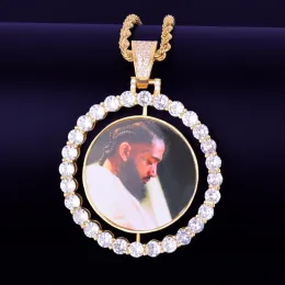 Necklaces Custom Made Photo Rotating DoubleSided Medallions Pendant Necklace Zircon Men's Hip Hop Jewelry 2x1.65 inch