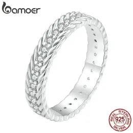 Ringe Bamoer 925 Sterling Silber Einfacher gedrehter Ring Ewigkeitsband Pave-Fassung CZ für Frauen Verlobung Jubiläumsgeschenk Feiner Schmuck