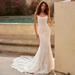 Sexy Backless Appliques Mermaid Wedding Dresses Spaghetti Strap Beach Bridal Gown Bead Boho Vestidos De Mariages