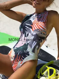 ملابس السباحة النسائية Peachtan Leaf Print Monokini Zipper One Piece Swimsuit Women High Neck Push Up Vintage Bodysuit Suit 2023 Newh2422088