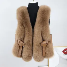 Necklaces 2021 100% Real Fox Fur Vests Women Natural Fur Gilets Lady Waistcoat Leather Belt Autumn Winter G3693