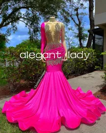 Fuchsia Pink Sparkly Trumpet Evening Reception Dresses for Women Luxury Diamond Black Girl Prom Ceremony Gala Gown