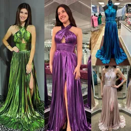 Criss-Cross Halter Metallic Prom Queen Dress 2K24 컷 아웃 Long Maxi Pageant 겨울 공식 저녁 칵테일 파티 활주로 검은 넥타이 갈라 오스카 Emerald Lilac Green Gold