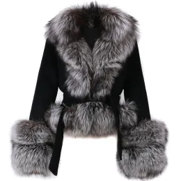 세트 Yoloagain Natural Fox Fur Collar Wool Coat 여성 가을 ​​우아한 트위드 코트 벨트 숙녀 외부웨어