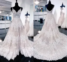 Novos vestidos deslumbrantes de noiva de sereia de renda novas tiras de spaghtti sexy uma linha vestidos de noiva