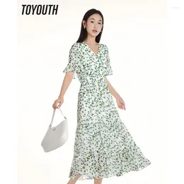 파티 드레스 Toyouth Women Dress 2024 여름 주름 짧은 슬리브 v 넥 슬림 허리 a 자형 녹색 인쇄 패션 낭만적 인 휴가 치마