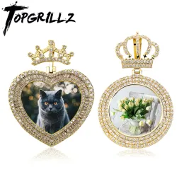 Collane TOPGRILLZ Nuova coppia Ciondolo Corona Design Foto personalizzata Serie di ciondoli Ghiaccio di alta qualità Micro pavimenta Cubic Zirconia Gioielli Hip Hop