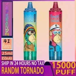 Original RandM Tornado 15000 Puff Disposable vape Pod Battery Rechargeable Electronic Cigs Puff 15K 0% 2% 3% 5% RBG Light Vape Pen Kit with E juice display and free landyard