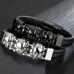 Armbänder Punk Skull Armband Charms Leder Mann Armband Homme mit Magnetverschluss schwarz plattiert Edelstahl Herrenschmuck Gravur