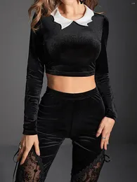 Women's Blouses Goth Dark Bat Neck Velvet Mall Gothic Skinny Grunge Punk Emo Long Sleeve Black Crop Top Women Color Block Alt Streetwear