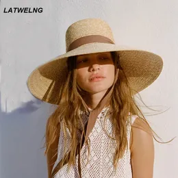 Wide Brim Beach Hats With Neck Tie For Women Large UV Protection Sun Hats Summer Big Brim Wheat Straw Hats Wholesale 240219