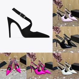 10,5 cm Seiden-Slingback-Pumps, Damen-Kleid-Schuhe, sexy spitze Zehen-Designer-Schuhe, Stiletto-Absatz, Strass-Schnalle, luxuriöse Hochzeits-Abendessen-Schuhe, gekreuzter Knöchelriemen