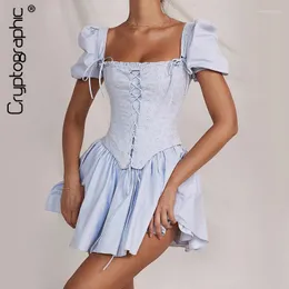 Vestidos casuais fada grunge elegante azul broderie lace up espartilho mini vestido roupas verão aniversário uma linha 2 peças conjuntos