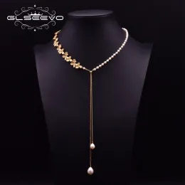 Naszyjniki glseevo naturalne perły świeżej wody asymetria liść długi naszyjnik dla kobiet dziewczęta ślubne vintage biżuteria ręcznie robiona kołnierz gn0194