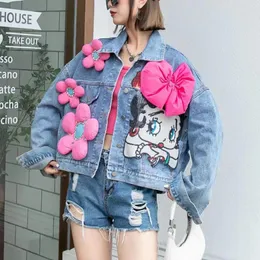 Damenjacken Frauen Cartoon Mädchen Stickerei Pailletten 3D Bowtie Blumen Denim Mantel Blumen Perlen Jeans Jacke Cowboy Langarm Crop Tops