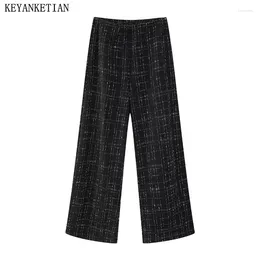 Pantaloni da donna KEYANKETIAN Lancio Tweed Texture Plaid Jacquard Gamba larga Pantaloni lunghi con cerniera a vita alta retrò Donna