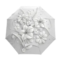 Full Automatic 3D Floral Guarda Chuva White Sun Protection Three Folding Umbrella Rain Women Anti UV Outdoor Travel Sombrinha 240219