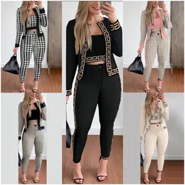 2XL Print Women Three Piece Pants Set Round Neck Long Sleeve Bandeau Top Coat and Pencil Leg Trousers Full Length Matching Sets Fashion Flash Outfits Slim Plus Size
