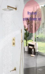 Set doccia completo in oro spazzolato opaco Sistema bagno moderno Soffione doccia da 12 pollici a parete Miscelatore termostatico con valvola a pulsante Fau2541494