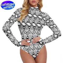 Body feminino personalizado de gola alta manga comprida padrão de transferência de calor de alta definição Moda tudo macio e elástico 90% poliéster + 10% elastano 208g cinza