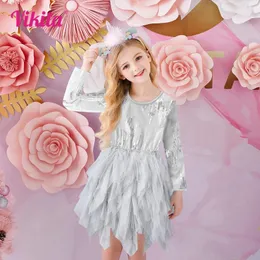 Mädchenkleider VIKITA Mädchen Langarm Graues Kleid Tüll Prinzessin Geburtstagsparty Kostüme 3 bis 8 Jahre Lässige Vestidos