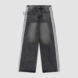 Män jeans herrar balencisgs tak ba familj co märkt tre bar sidoband tvättade bred ben rak rör denim för män och hamnaragfsagfskf1n