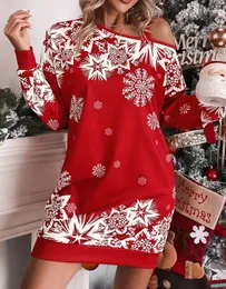 Casual Dresses Christmas Print Dress for Woman Fashion Printed Diagonal Shoulder 2024 Autumn and Winter Women Women Clothing