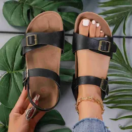 Slippers Summer flat heeled cork sole buckle sandals for women wearing casual beach shoes double button open toe sandals T240220