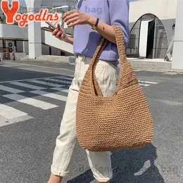 Totes Yogodlns Summer Str Bag For Women Woven Handgjorda handväska stor kapacitet Lady Tote Semester Beach Bag Rattan Shoulder Bag Bolsa T240220