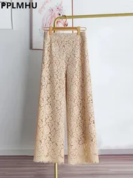 Women's Pants Summer Lace Wide Leg Women Casual Pantalones Loose Hollow Out Trousers High Waist Ankle-length Broek Streetwear Spodnie