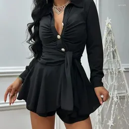 Casual Dresses Ruched Tied Button Romper Dress Women Folds Sexy Long Sleeve V Neck High Waist Lace Up Mini Vestidos Elegant Party Prom