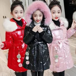 Jackets Winter Girls Jacket Solid Color Glossy Waterproof Lining Plus Velvet Thicken Windbreaker For Kids Fashion Hooded Skin Overcoat
