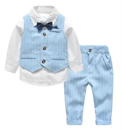 Primavera outono bebê menino cavalheiro terno camisa branca com laço listrado colete calças 3 pçs formal crianças roupas set24109040426