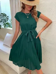 Klänningar kvinnor solid veckade midi klänningar sommar avslappnad oneck kort ärm Ruched bandage klänning kvinnlig strand chic en linjeklänning vestidos