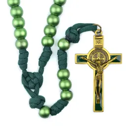 Collane Rosari robusti in paracord, perline acriliche verdi da 12 mm, rosario da uomo cattolico di San Benedetto