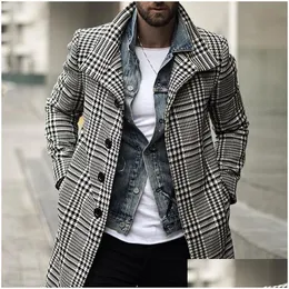 Мужские тренчи, мужская мода, однобортное длинное пальто с лацканами в клетку, зимняя куртка, мужское пальто, Прямая доставка, одежда, верхняя одежда Dh23A