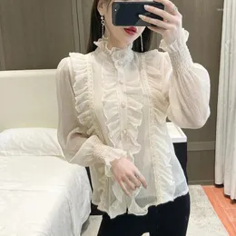 Kvinnors blusar Rugod 2024 Spring Simple Solid Ruffles Shirt Single Breasted Basic All-Match Top