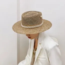 BERETS 202205SHI NEW DROPSHIPPING Natural Salty Grass 직조 Pearl Chian Pin Lady Cap Women Leisure Panama Jazz Hat