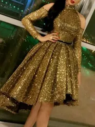 Short Sparkly Sequined Cocktail Dresses Long Sleeves Off The Shoulder High Low Prom Dress Gold Homecoming Dress For Women Girls