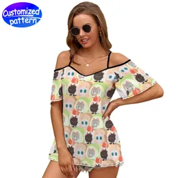 Custom women's off-the-shoulder halter top Adjustable halter HD pattern Spring and summer season loose fashion simple 95% polyester +5% spandex 148g color contrast