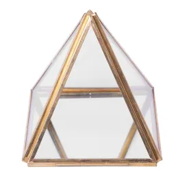 Anéis caixa de jóias de vidro caixa decorativa geométrica dourada pirâmide de vidro suportes de anel para presente de aniversário de casamento s