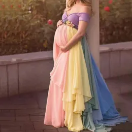 Dresses Maternity Photography Dresses Offtheshoulder Rainbow Long Tail Pregnant Woman Baby Shower Dresses Pregnancy Photo Shoot