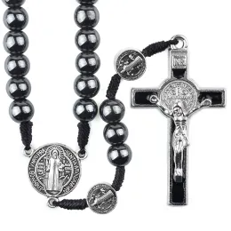 Necklaces St Benedict Cording Rosary 8mm Hematite Beads Religious Cross Necklace Catholic Black Woven Rosaries