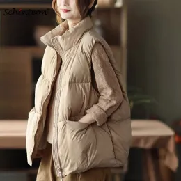 장비 Schinteon Women Light Down Sleeveless Vest 간단한 캐주얼 한 느슨한 봄 가을 가을 따뜻한 스탠드 스탠드 칼라 웨이스트 코트 Gilet Korean Style New