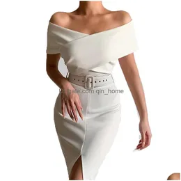 Базовые повседневные платья Off Shoder Bodycon Women 2022 Summer Slim Long Split Dress Ladies Vintage Party с поясом Drop Delivery Appar Dhecy